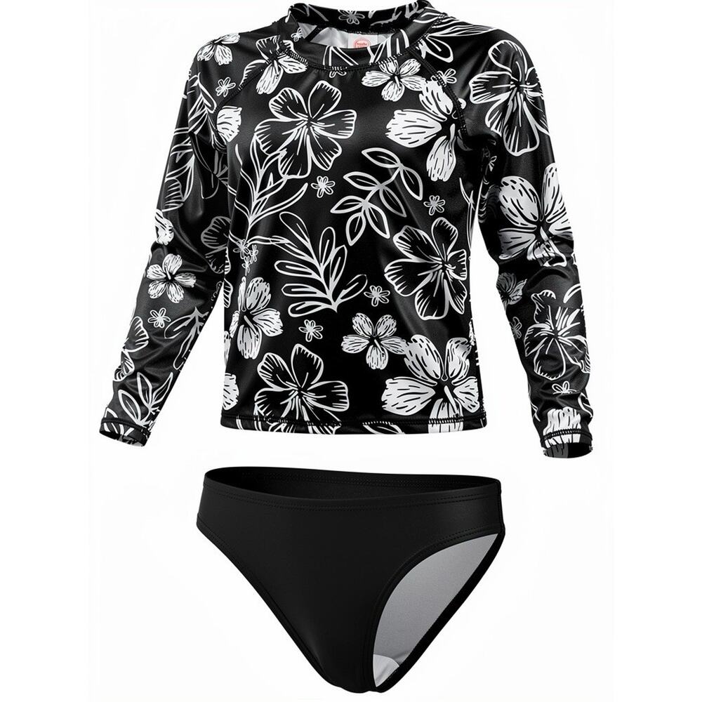 NEW Wonder Nation Girls Rash Guard Swimsuit 2-Piece Black Floral Size 6/6X